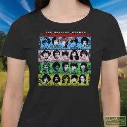 1989 Rolling Stones Some Girls T Shirt 6 Women's 1989 Rolling Stones Some Girls T Shirt In Black, Front View On Light Wood Background