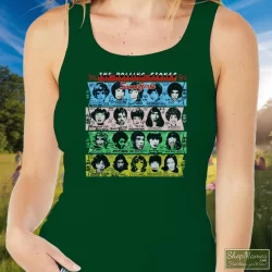 1989 Rolling Stones Some Girls T Shirt 7 Women's 1989 Rolling Stones Some Girls Tank Top In Forest Green, Front View On Light Wood Background