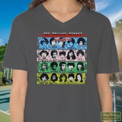 1989 Rolling Stones Some Girls T Shirt 10 Women's 1989 Rolling Stones Some Girls V Neck In Charcoal, Front View On Dark Wood Background