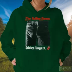 1989 Rolling Stones Steel Wheels Sticky Fingers Shirt 4 Women's 1989 Rolling Stones Steel Wheels Sticky Fingers Hoodie In Forest Green, Front View On Light Wood Background