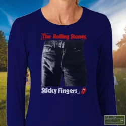 1989 Rolling Stones Steel Wheels Sticky Fingers Shirt 9 Women's 1989 Rolling Stones Steel Wheels Sticky Fingers Long Sleeve In Navy, Front View On Light Wood Background