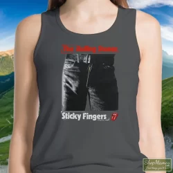 1989 Rolling Stones Steel Wheels Sticky Fingers Shirt 7 Women's 1989 Rolling Stones Steel Wheels Sticky Fingers Tank Top In Charcoal, Front View On Dark Wood Background