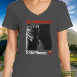 1989 Rolling Stones Steel Wheels Sticky Fingers Shirt 6 Women's 1989 Rolling Stones Steel Wheels Sticky Fingers V Neck In Charcoal, Front View On Dark Wood Background