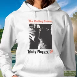 1989 Rolling Stones Steel Wheels Sticky Fingers Shirt White 9 Women's 1989 Rolling Stones Steel Wheels Sticky Fingers White Hoodie In White, Front View On Dark Wood Background