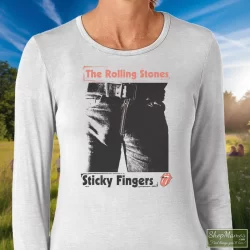 1989 Rolling Stones Steel Wheels Sticky Fingers Shirt White 1 Women's 1989 Rolling Stones Steel Wheels Sticky Fingers White Long Sleeve In White, Front View On Dark Wood Background