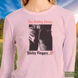 1989 Rolling Stones Steel Wheels Sticky Fingers Shirt White 7 Women's 1989 Rolling Stones Steel Wheels Sticky Fingers White Sweatshirt In Light Pink, Front View On Dark Wood Background