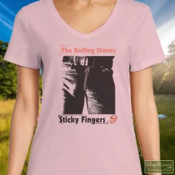1989 Rolling Stones Steel Wheels Sticky Fingers Shirt White 11 Women's 1989 Rolling Stones Steel Wheels Sticky Fingers White V Neck In Light Pink, Front View On Dark Wood Background