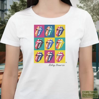 Women's 1989 The Rolling Stones Warhol North American Tour T Shirt In White, Front View On Dark Wood Background
