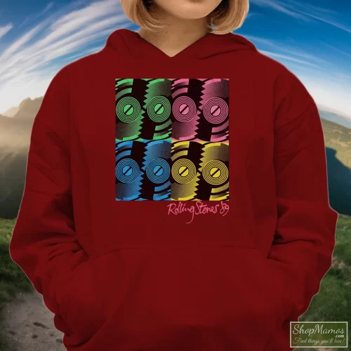 1989 Tour Rolling Stones Steel Wheels Women’s Hoodie – Maroon Front View On Light Wood Background Women's 1989 Tour Rolling Stones Steel Wheels Hoodie In Maroon, Front View On Light Wood Background