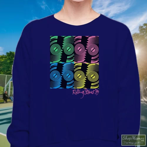 1989 Tour Rolling Stones Steel Wheels Women’s Sweatshirt – Navy Front View On Light Wood Background Women's 1989 Tour Rolling Stones Steel Wheels Sweatshirt In Navy, Front View On Light Wood Background