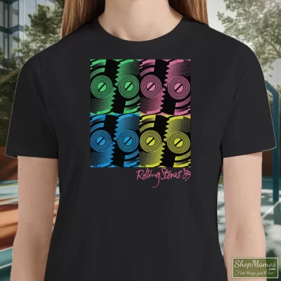 Women's 1989 Tour Rolling Stones Steel Wheels T Shirt In Black, Front View On Light Wood Background