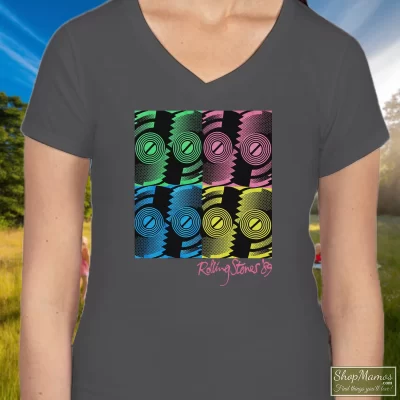 Women's 1989 Tour Rolling Stones Steel Wheels V Neck In Charcoal, Front View On Dark Wood Background