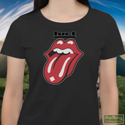 Women's 1990 Fuct Skateboard Rolling Stones Black T Shirt In Black, Front View On Light Wood Background