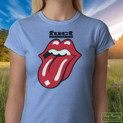 Women's 1990 Fuct Skateboard Rolling Stones White T Shirt In Light Blue, Front View On Dark Wood Background