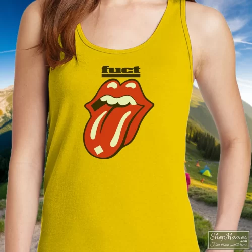1990 Fuct Skateboard Rolling Stones White Women’s Tank Top – Yellow Front View On Dark Wood Background Women's 1990 Fuct Skateboard Rolling Stones White Tank Top In Yellow, Front View On Dark Wood Background