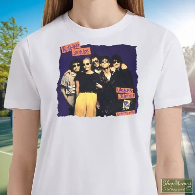 Women's 1990 Rolling Stones Urban Jungle Tour T Shirt In White, Front View On Dark Wood Background
