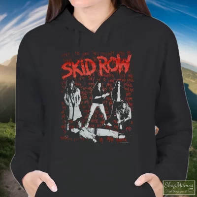 Women's 1990 Skid Row I Survived Tour Concert Promo Album 80s Hoodie In Black, Front View On Light Wood Background
