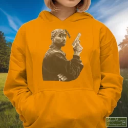 1990s Tupac Shakur Gun Shirt 9 Women's 1990s Tupac Shakur Gun Hoodie In Orange, Front View On Dark Wood Background