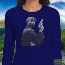 1990s Tupac Shakur Gun Shirt 5 Women's 1990s Tupac Shakur Gun Long Sleeve In Navy, Front View On Light Wood Background