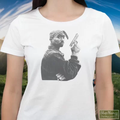 Women's 1990s Tupac Shakur Gun T Shirt In White, Front View On Dark Wood Background