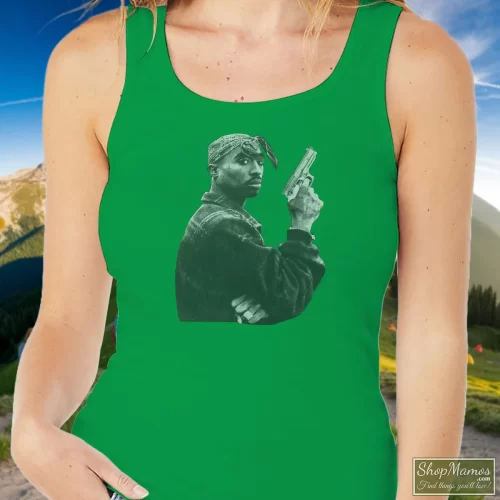 1990s Tupac Shakur Gun Women’s Tank Top – Irish Green Front View On Light Wood Background Women's 1990s Tupac Shakur Gun Tank Top In Irish Green, Front View On Light Wood Background
