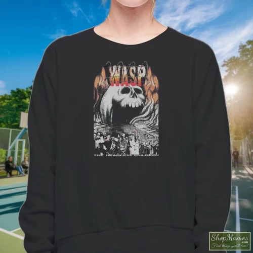 1990s Wasp Heavy Metal Scorpions Iron Maiden Acdc Motley Crue Women’s Sweatshirt – Black Front View On Light Wood Background Women's 1990s Wasp Heavy Metal Scorpions Iron Maiden Acdc Motley Crue Sweatshirt In Black, Front View On Light Wood Background