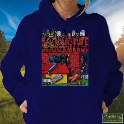 Women's 1993 Doggystyle Snoop Dogg Hoodie In Navy, Front View On Light Wood Background
