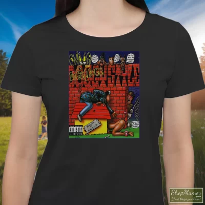 Women's 1993 Doggystyle Snoop Dogg T Shirt In Black, Front View On Light Wood Background