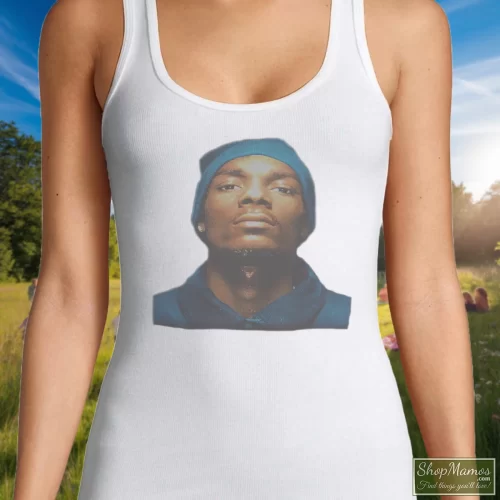 1993 Snoop Dogg Beware Of Dogg Death Row Records For Rap Fans Women’s Tank Top – White Front View On Dark Wood Background Women's 1993 Snoop Dogg Beware Of Dogg Death Row Records For Rap Fans Tank Top In White, Front View On Dark Wood Background