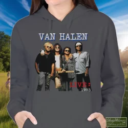 1993 Van Halen Tour Shirt 2 Women's 1993 Van Halen Tour Hoodie In Charcoal, Front View On Dark Wood Background