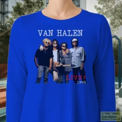 1993 Van Halen Tour Shirt 1 Women's 1993 Van Halen Tour Long Sleeve In Royal Blue, Front View On Light Wood Background
