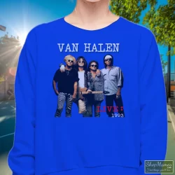 1993 Van Halen Tour Shirt 4 Women's 1993 Van Halen Tour Sweatshirt In Royal Blue, Front View On Light Wood Background