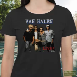 Women's 1993 Van Halen Tour T Shirt In Black, Front View On Light Wood Background