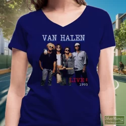 1993 Van Halen Tour Shirt 9 Women's 1993 Van Halen Tour V Neck In Navy, Front View On Light Wood Background