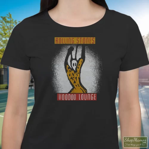 1994/95 Rolling Stones Voodoo Lounge Tour Women’s T Shirt – Black Front View On Light Wood Background Women's 1994/95 Rolling Stones Voodoo Lounge Tour T Shirt In Black, Front View On Light Wood Background