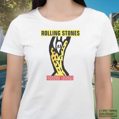 Women's 1994/95 Rolling Stones Voodoo Lounge Tour T Shirt In White, Front View On Dark Wood Background
