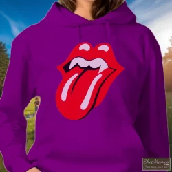 1994 Rolling Stones Halloween Voodoo Lounge Tour Shirt 5 Women's 1994 Rolling Stones Halloween Voodoo Lounge Tour Hoodie In Purple, Front View On Light Wood Background