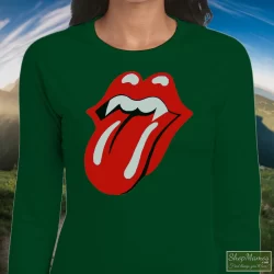 1994 Rolling Stones Halloween Voodoo Lounge Tour Shirt 3 Women's 1994 Rolling Stones Halloween Voodoo Lounge Tour Long Sleeve In Forest Green, Front View On Light Wood Background