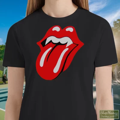 Women's 1994 Rolling Stones Halloween Voodoo Lounge Tour T Shirt In Black, Front View On Light Wood Background