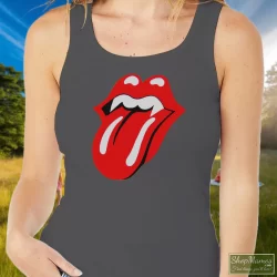 1994 Rolling Stones Halloween Voodoo Lounge Tour Shirt 9 Women's 1994 Rolling Stones Halloween Voodoo Lounge Tour Tank Top In Charcoal, Front View On Dark Wood Background