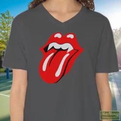 1994 Rolling Stones Halloween Voodoo Lounge Tour Shirt 6 Women's 1994 Rolling Stones Halloween Voodoo Lounge Tour V Neck In Charcoal, Front View On Dark Wood Background