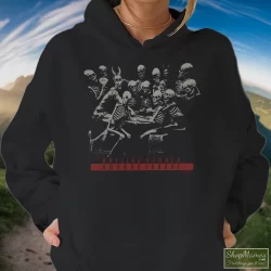 1994 Rolling Stones Voodoo Lounge Tour Shirt 4 Women's 1994 Rolling Stones Voodoo Lounge Tour Hoodie In Black, Front View On Light Wood Background