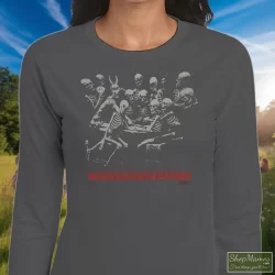 1994 Rolling Stones Voodoo Lounge Tour Shirt 11 Women's 1994 Rolling Stones Voodoo Lounge Tour Long Sleeve In Charcoal, Front View On Dark Wood Background