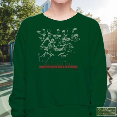 Women's 1994 Rolling Stones Voodoo Lounge Tour Sweatshirt In Forest Green, Front View On Light Wood Background