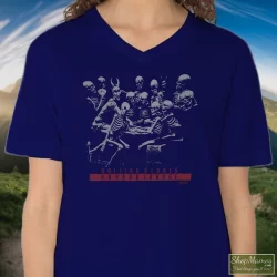 1994 Rolling Stones Voodoo Lounge Tour Shirt 6 Women's 1994 Rolling Stones Voodoo Lounge Tour V Neck In Navy, Front View On Light Wood Background