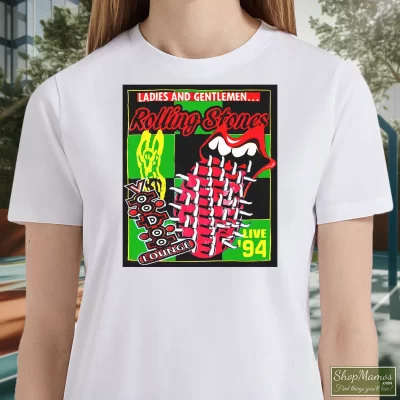 Women's 1994 Rolling Stones Voodoo Lounge World Tour T Shirt In White, Front View On Dark Wood Background