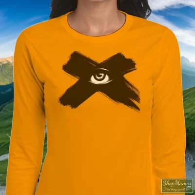 Women's 1994 The Rolling Stones Love Is Strong Lyrics Canada Rock Legends Long Sleeve In Orange, Front View On Dark Wood Background
