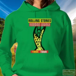 1994 The Rolling Stones Voodoo Lounge Tour Shirt 4 Women's 1994 The Rolling Stones Voodoo Lounge Tour Hoodie In Irish Green, Front View On Light Wood Background