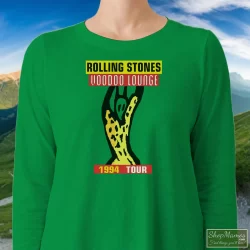 1994 The Rolling Stones Voodoo Lounge Tour Shirt 9 Women's 1994 The Rolling Stones Voodoo Lounge Tour Long Sleeve In Irish Green, Front View On Light Wood Background