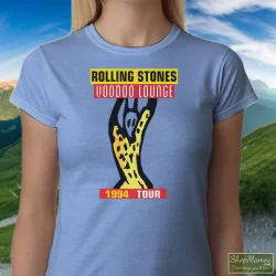 1994 The Rolling Stones Voodoo Lounge Tour Shirt 5 Women's 1994 The Rolling Stones Voodoo Lounge Tour T Shirt In Light Blue, Front View On Dark Wood Background
